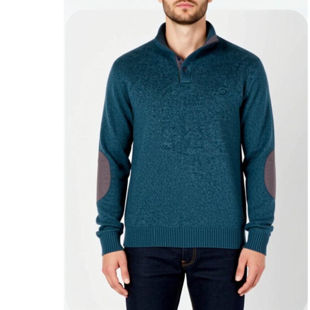 Chaps Men's Classic Fit Sweater Mock neck Green Pullover Suede Elbow Size XL (H6
